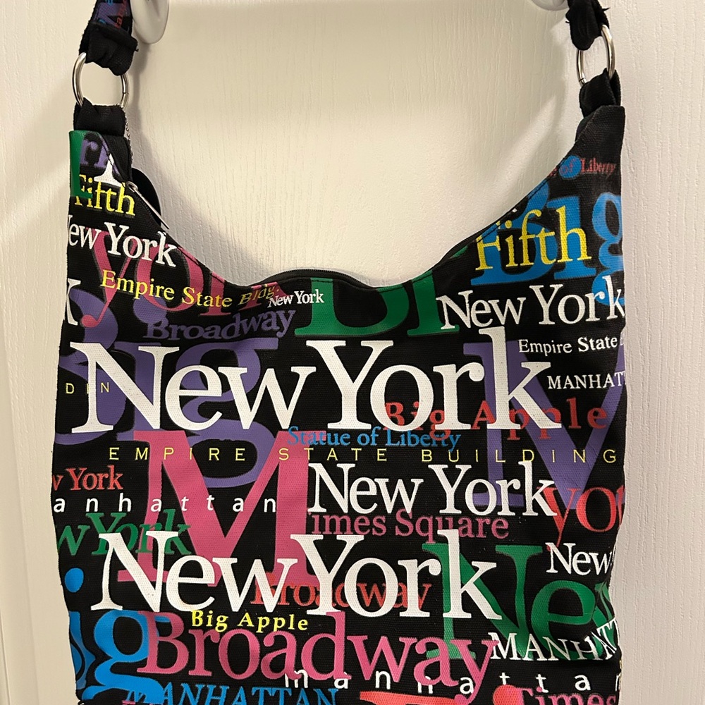 Colorful New York City Text-Print Shoulder Bag in canvas by Jay Joshua
